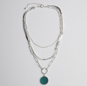Triple Layer Chain With Green Stone Pendant