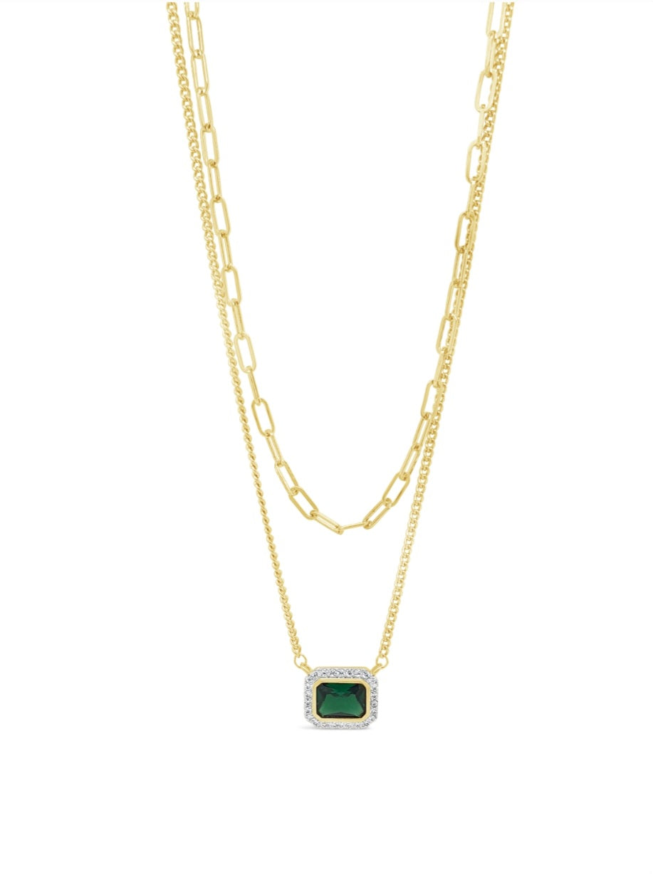 Yellow Gold Plated Green Stone Double Necklace