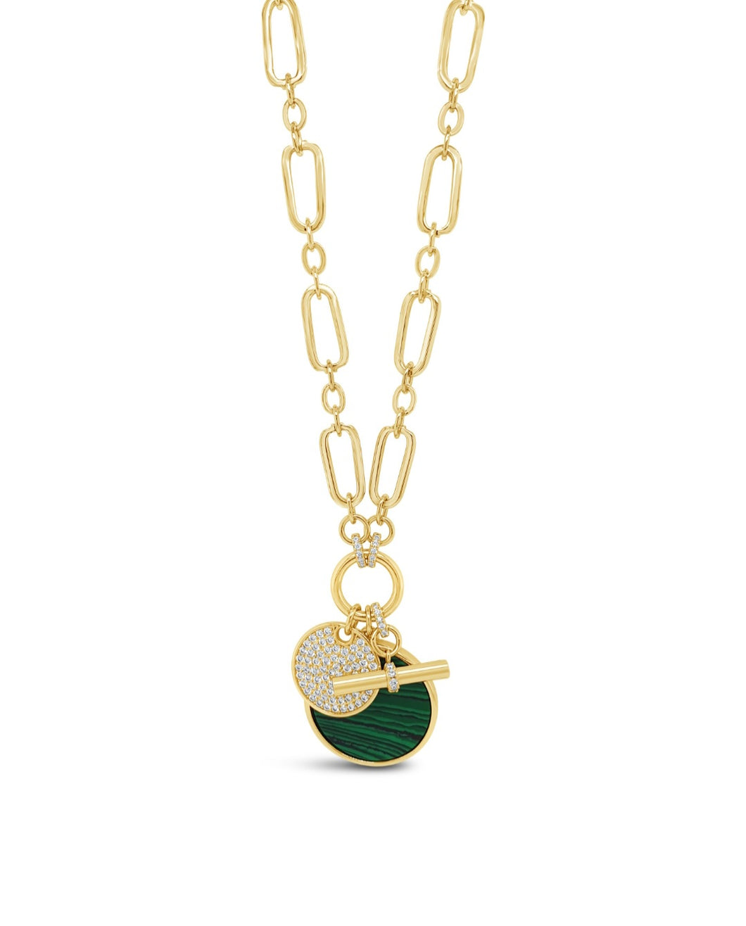 Green Stone Pendant With T-Bar On Yellow Gold-Plated Chain
