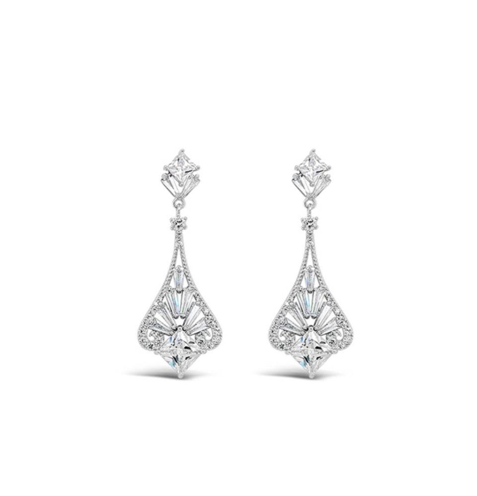 Rhodium-Plated Filigree Clear Crystal Drop Earrings