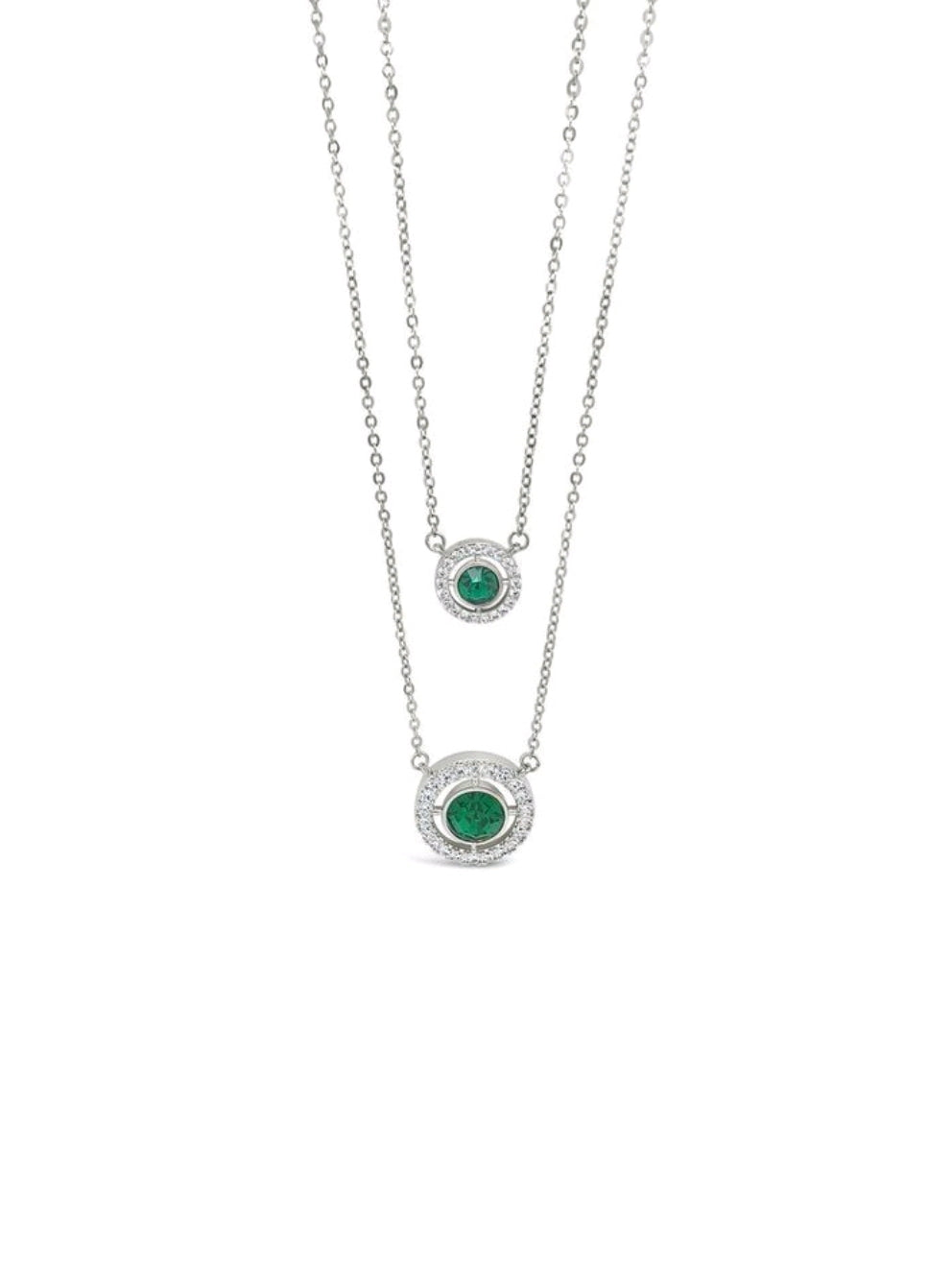 Rhodium-Plated Double Chain With Green Stone Pendants